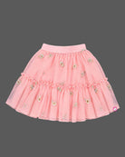Detailed baby party wear dress featuring strappy denim top with rosette motif and embroidered mesh skirt.
