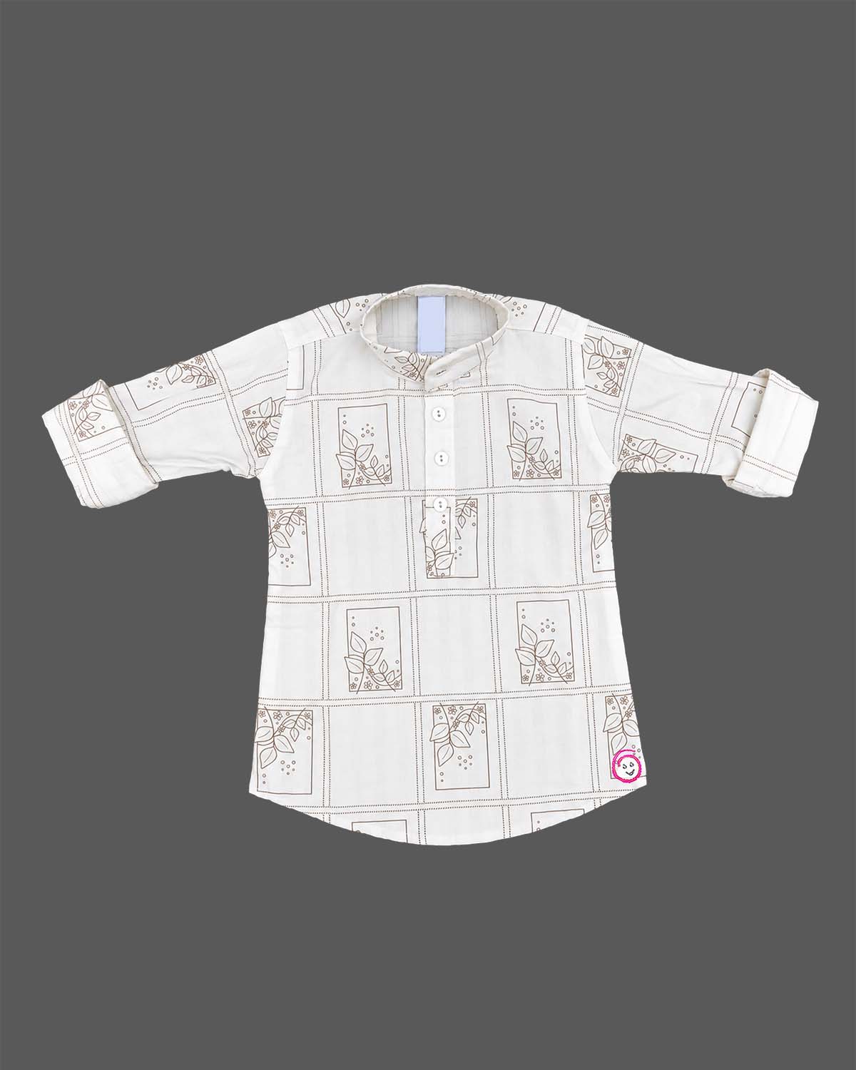 Baby Boys Off-White Cotton Kurta with Brown Leaf Print and Mandarin Collar