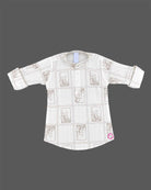 Baby Boys Off-White Cotton Kurta with Brown Leaf Print and Mandarin Collar