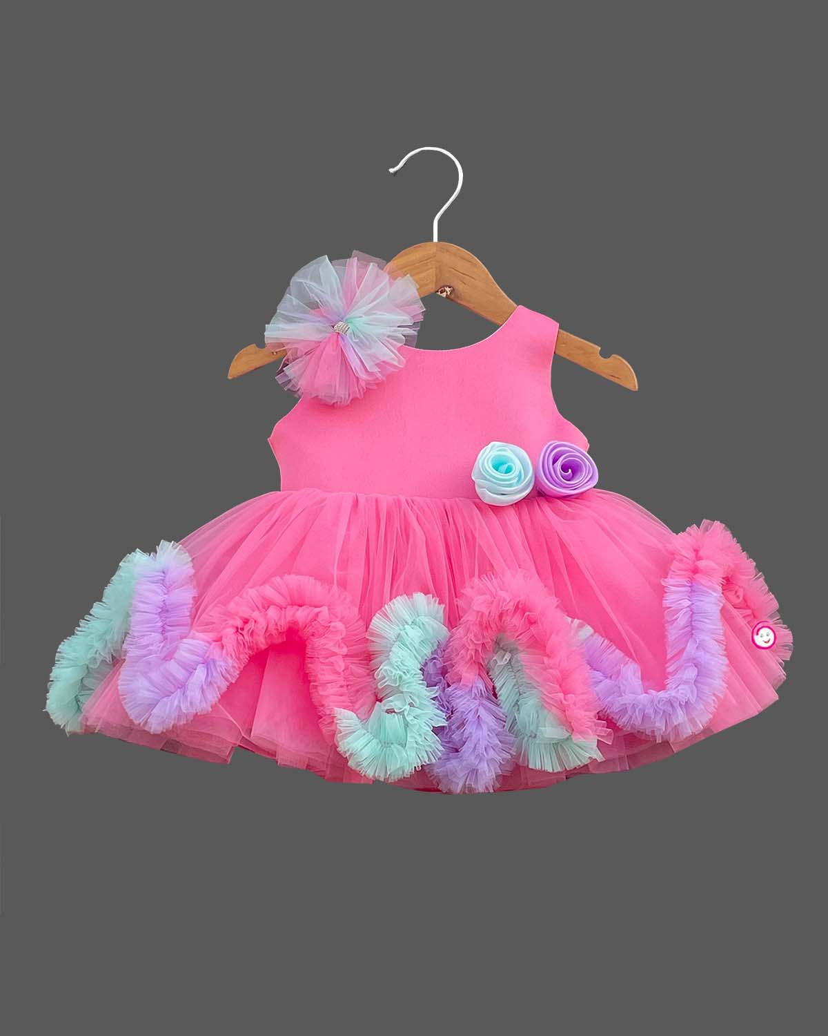 Girls ruffled applique partywear frock - Pink