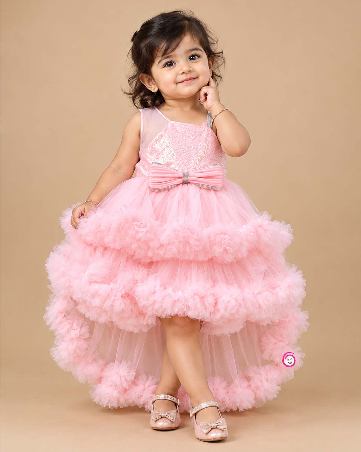 Sequin high-low tiered ruffle gown baby party wear dress featuring asymmetrical strap and front bow