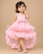 Sequin high-low tiered ruffle gown baby party wear dress featuring asymmetrical strap and front bow