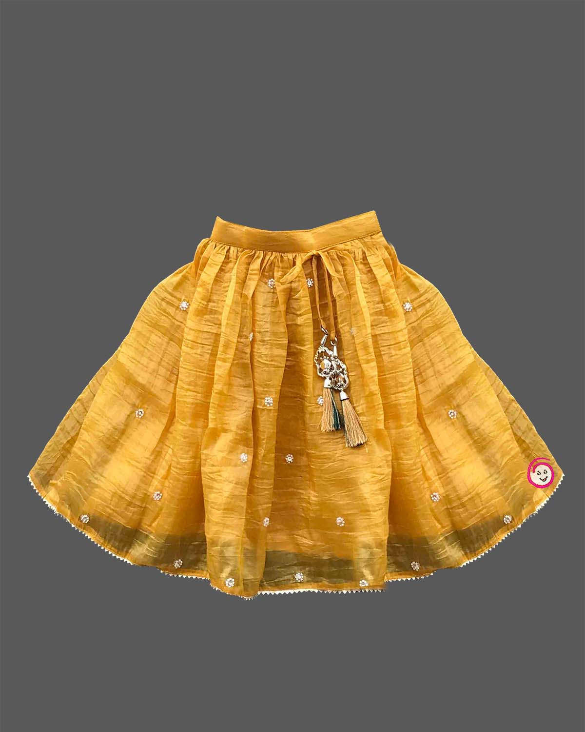 Kids silk embroidered sleeveless choli top matching jacket and pleated flared lehenga skirt set