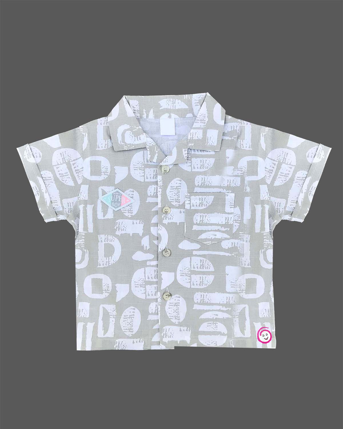 Grey printed button-down shirt with matching elasticated shorts baby boy top and shorts set for summer vacations, playdates, and park outings