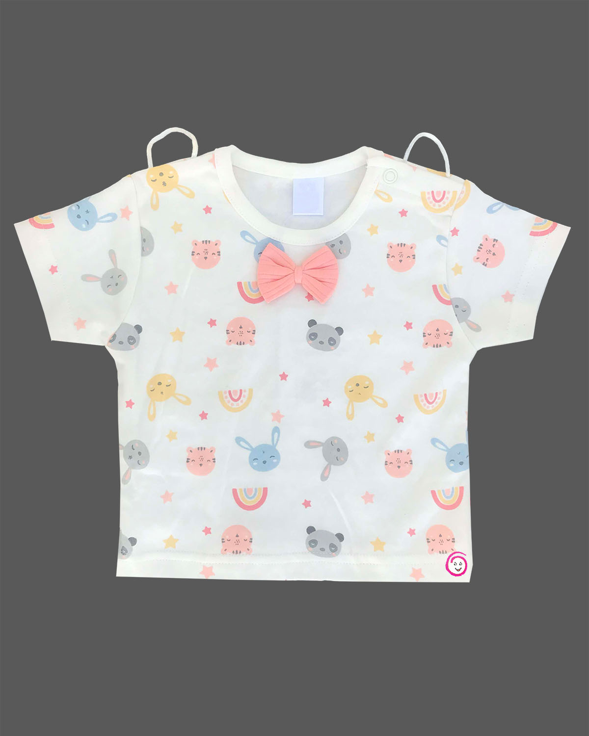 White doodle print t-shirt and peach Candy House suspender shorts set for birthday parties, casual outings, and summer playdates
