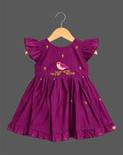 Silk frocks for baby girl with bird embroidery, frill  sleeve, and ruffled hem line.
