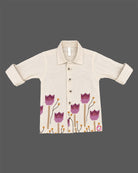Little gentleman beige linen shirt with purple tulip floral print for boys