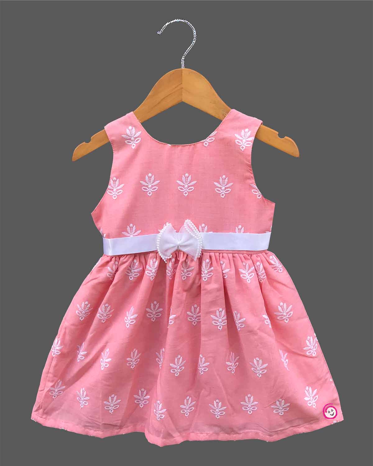 Sleeveless Cotton Embroidered Casual Frock with Pearl Bow Detail for Kids