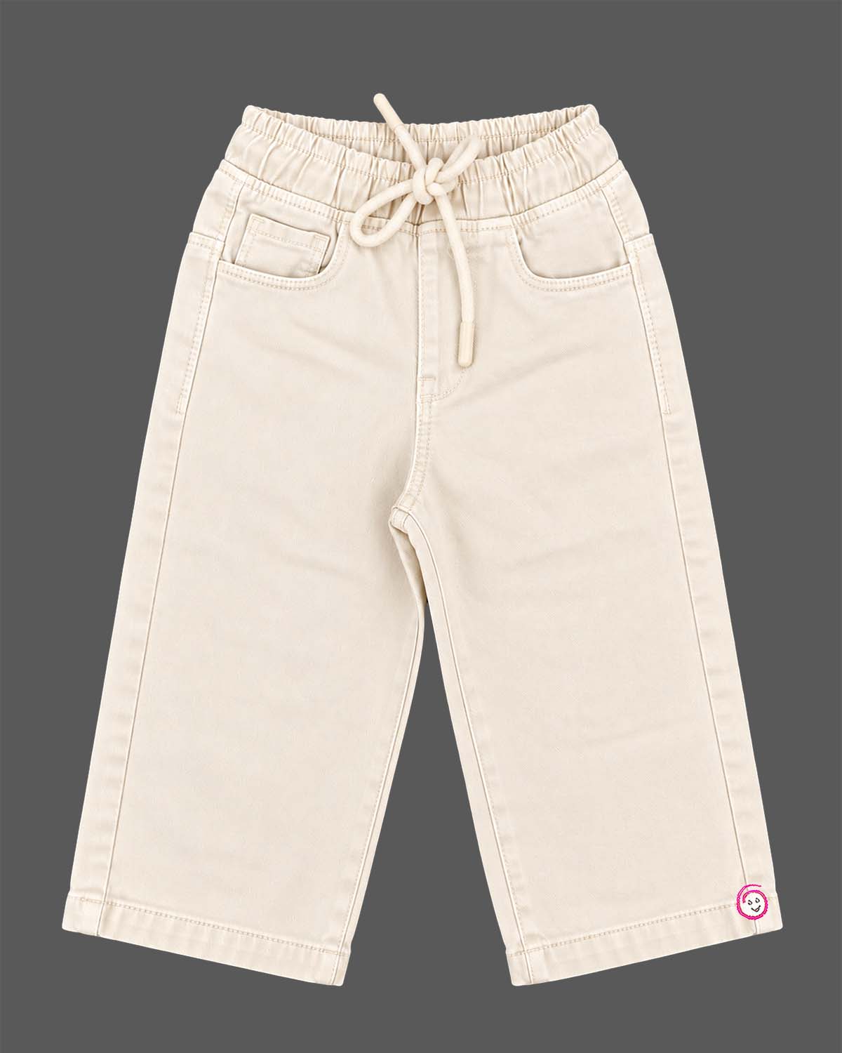 Boys straight leg cotton trousers featuring an elasticated drawstring waistband, coin pocket detail, and front pockets