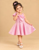 One-shoulder jacquard party wear dress with oversized shoulder bow for kids