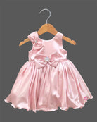 Baby girl satin party frock with bow accent and crystal embellishment for birthday celebration