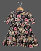 Girls floral printed elbow sleeve casual frock - Black