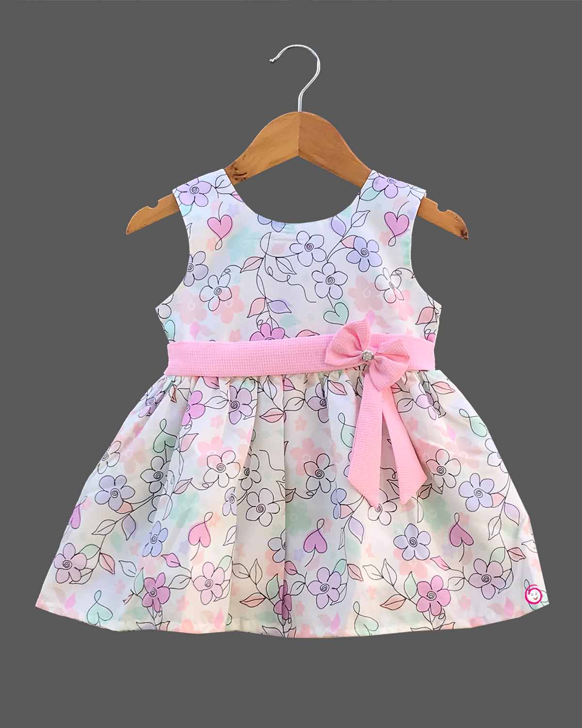 Girls flower printed with bow casual frock - Pink