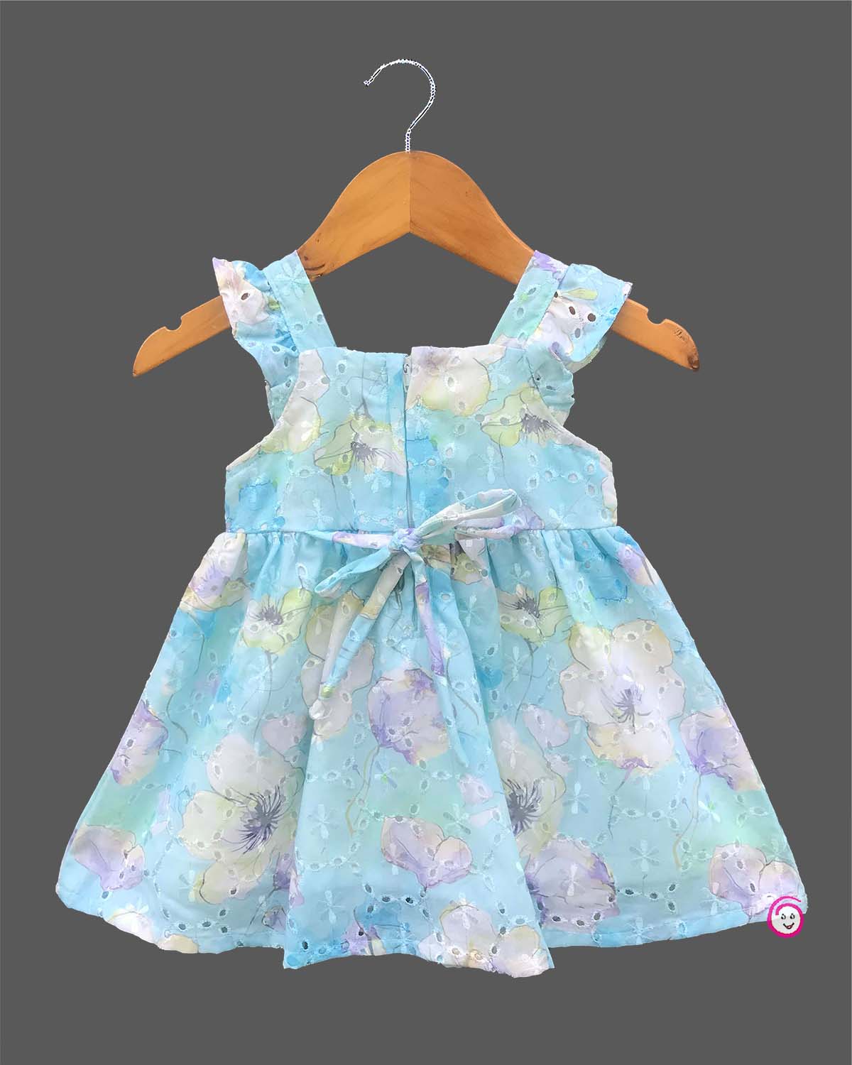 Little princess floral cotton casual frock with flutter sleeves, bear applique, and eyelet detailing for comfortable everyday kids fashion