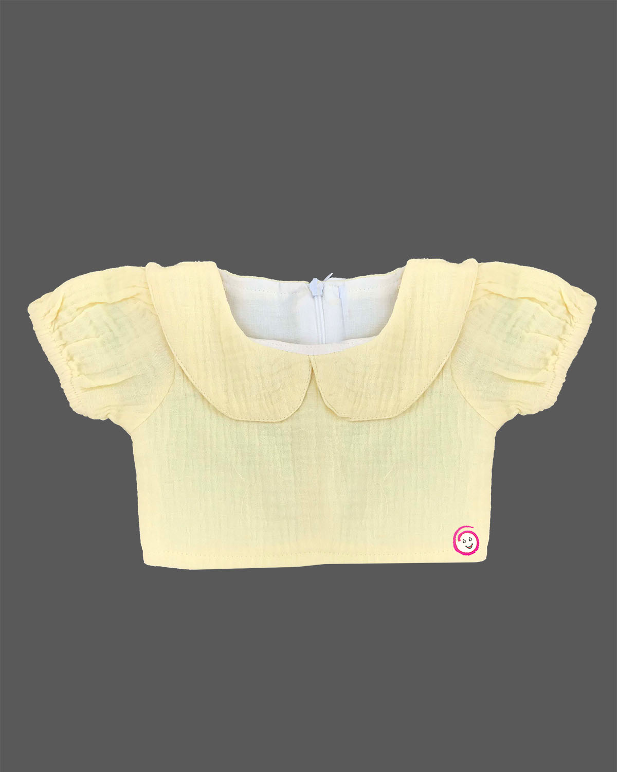 Girls western wear double peter pan collar puff sleeve muslin cotton top layered under an embroidered muslin cotton pinafore dress for playdates, birthdays, and casual outings