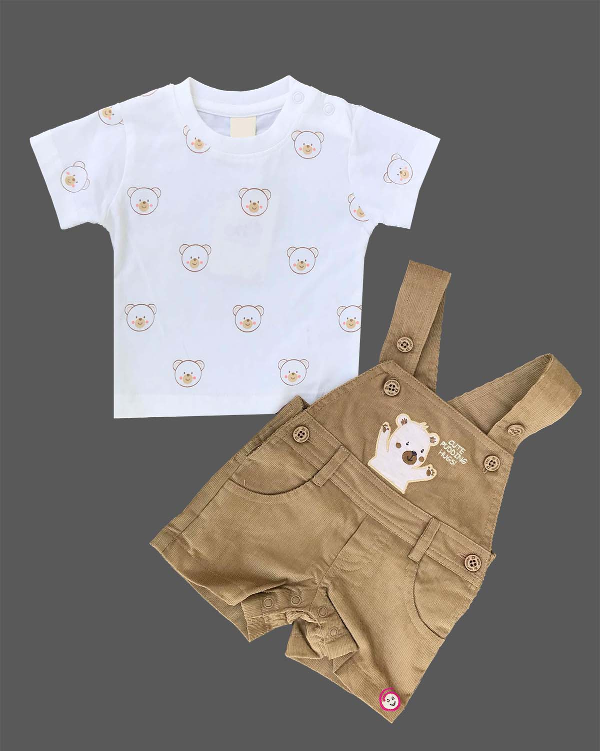 Adorable junior menswear bear face printed t-shirt paired with embroidered corduroy dungaree shorts