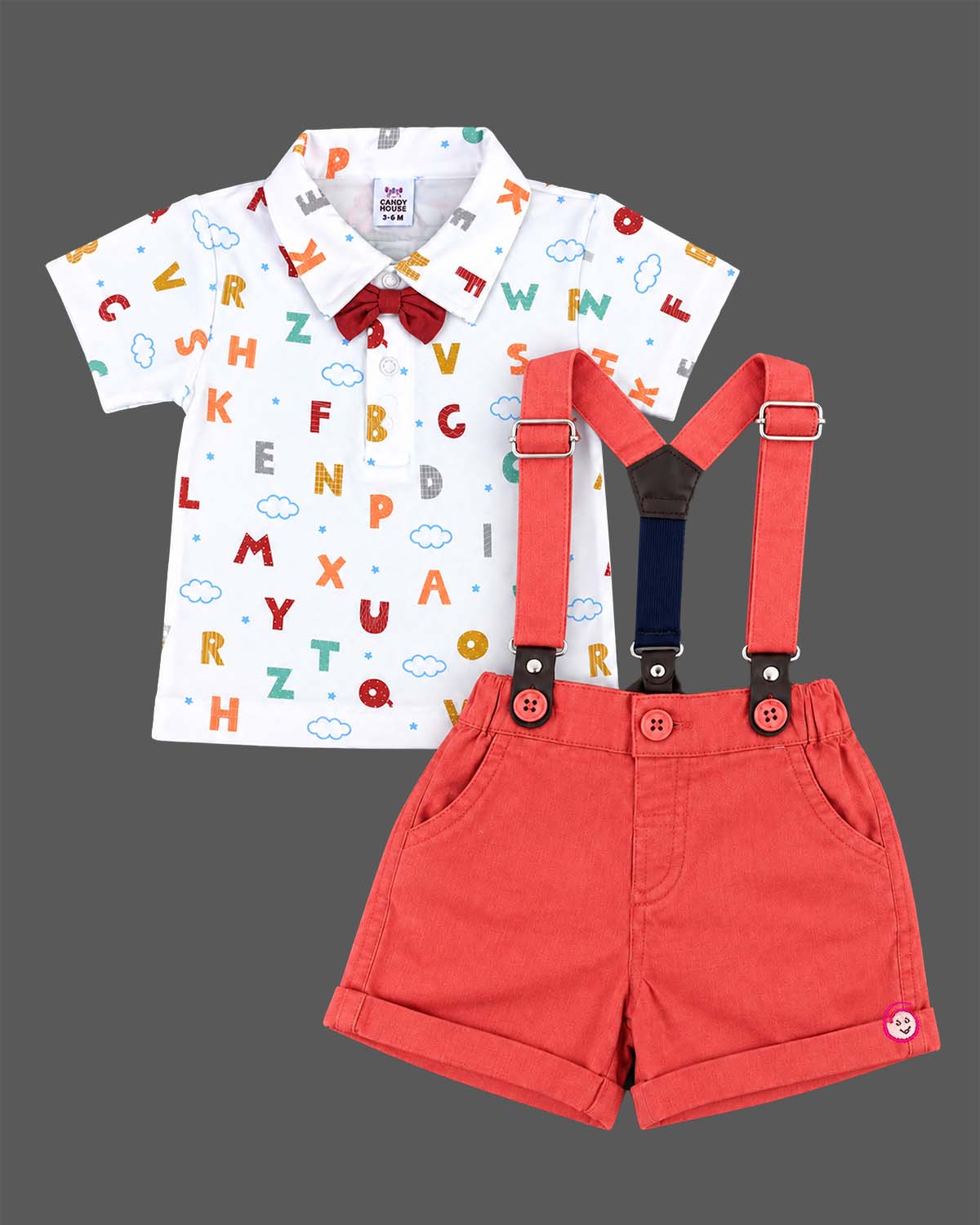 Charming infant suspender set with printed shirt and bow for party wear
