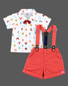 Charming infant suspender set with printed shirt and bow for party wear
