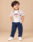 Grid plaid collared shirt with roll tab sleeves paired with utility cargo pants for boys shirt and pant set.