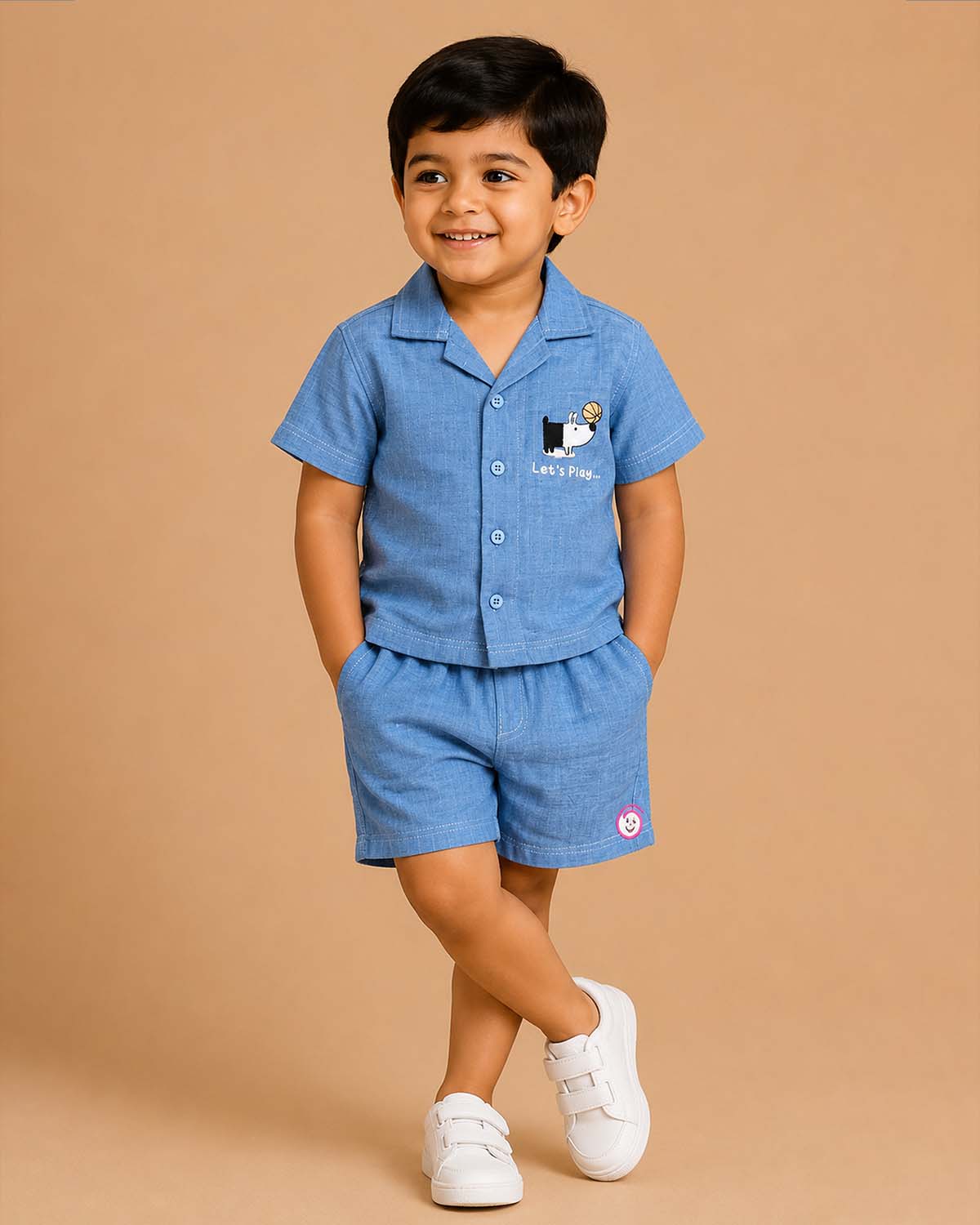 Light blue textured cotton button-down shirt with dog embroidery graphic baby boy top and shorts set for summer vacations, playdates, and park outings