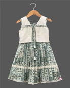Girls sleeveless printed casual frock - Sea Green
