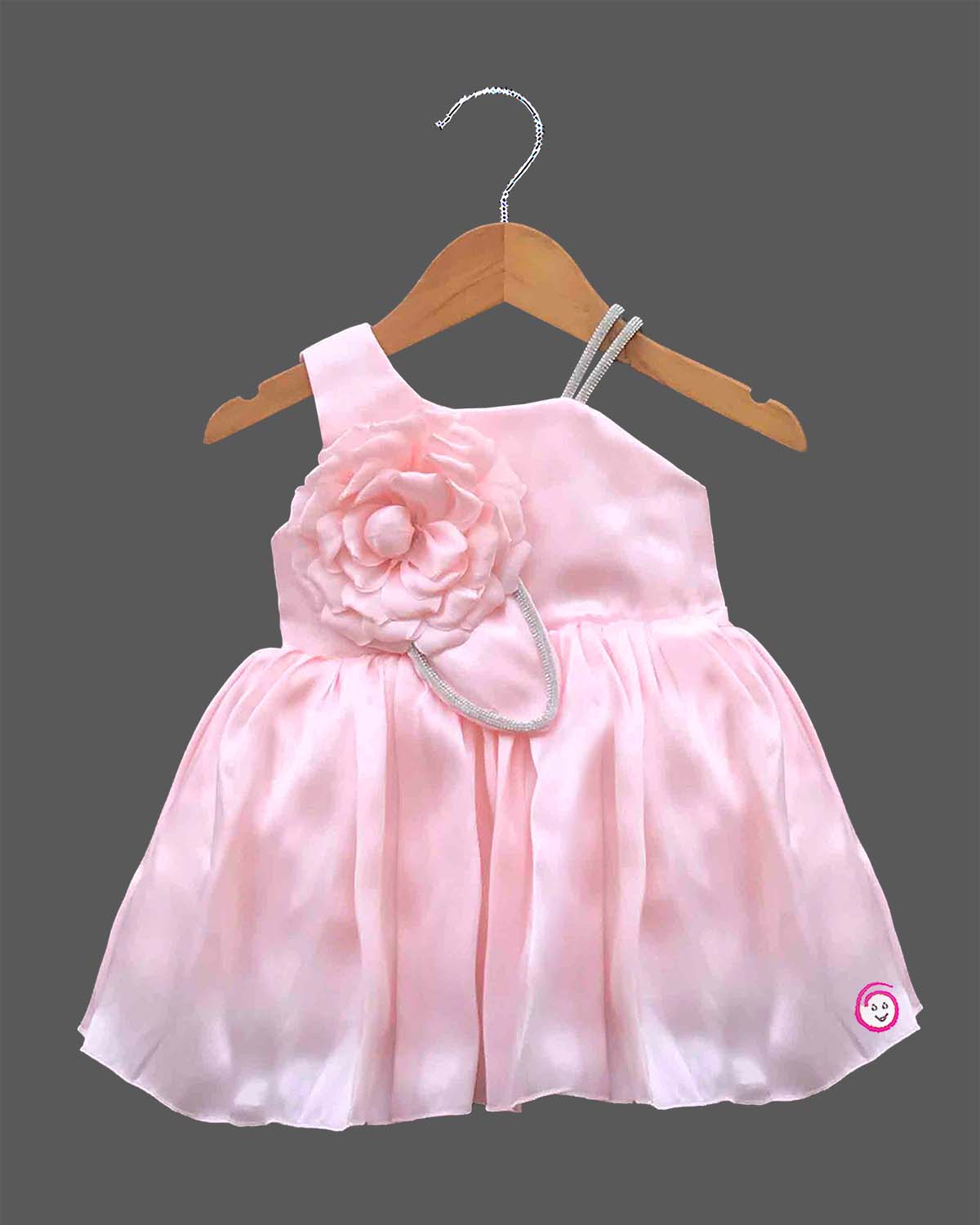 Little Angel satin Asymmetric party frock with flower accent matching bow headband and booties set