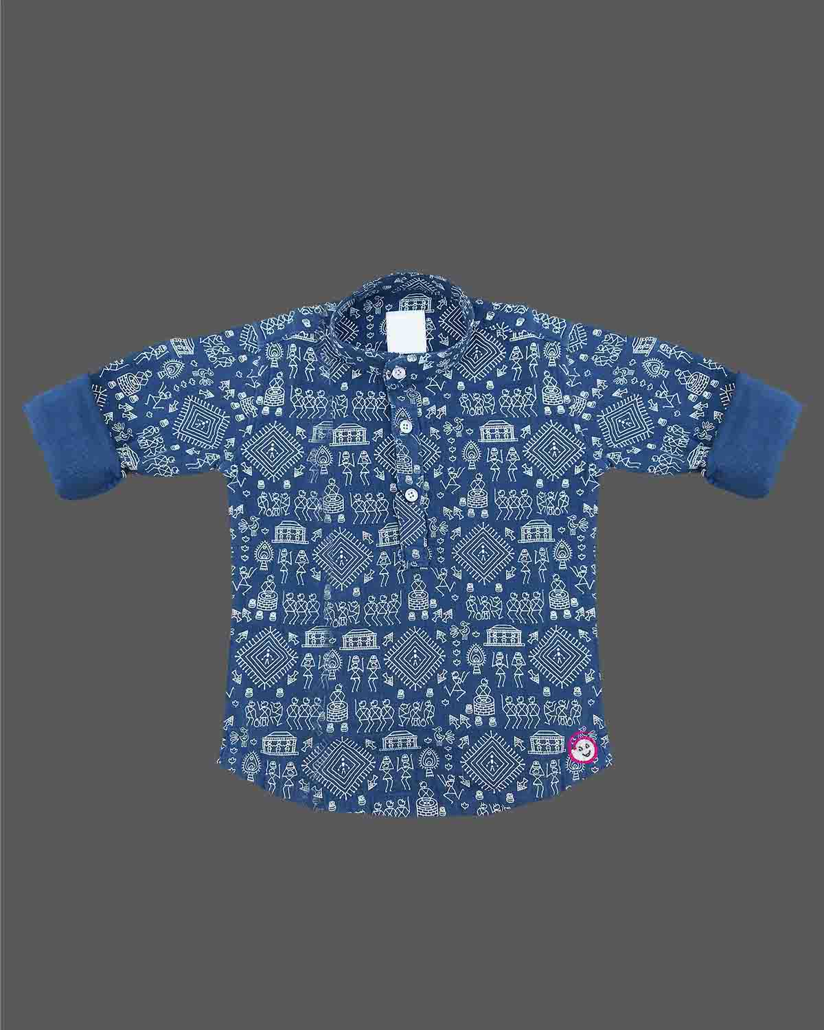 Front view of little gentleman wearing  printed full sleeve casual shirt