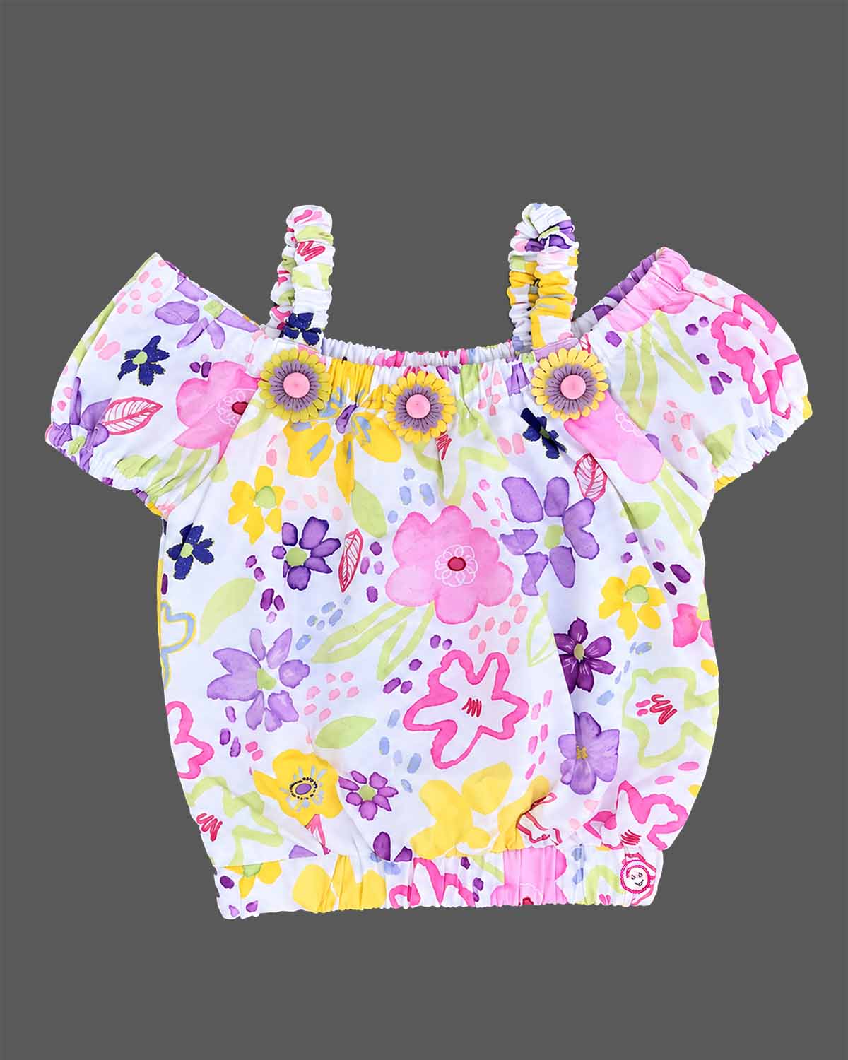 Floral printed Square Neck top paired with purple shorts set for girls