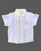 Boys 2-piece cotton casual set featuring a short-sleeve pastel pink, yellow, and blue striped shirt with matching solid sky blue elastic-waist shorts