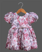 Toddler printed floral casual frock with short puff sleeves and round neck for girls