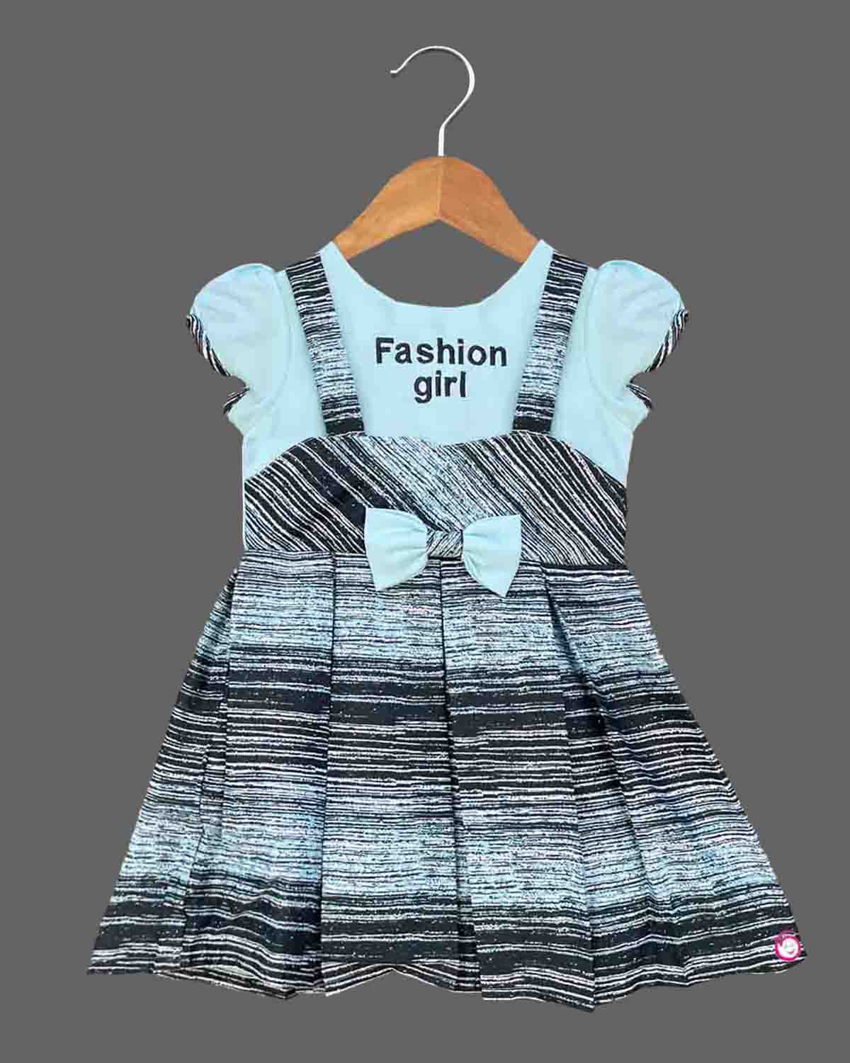 Girls bow printed dungaree style frock - Sky Blue