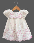 Toddler floral embroidery frock with scalloped hem schiffli design and puff sleeves