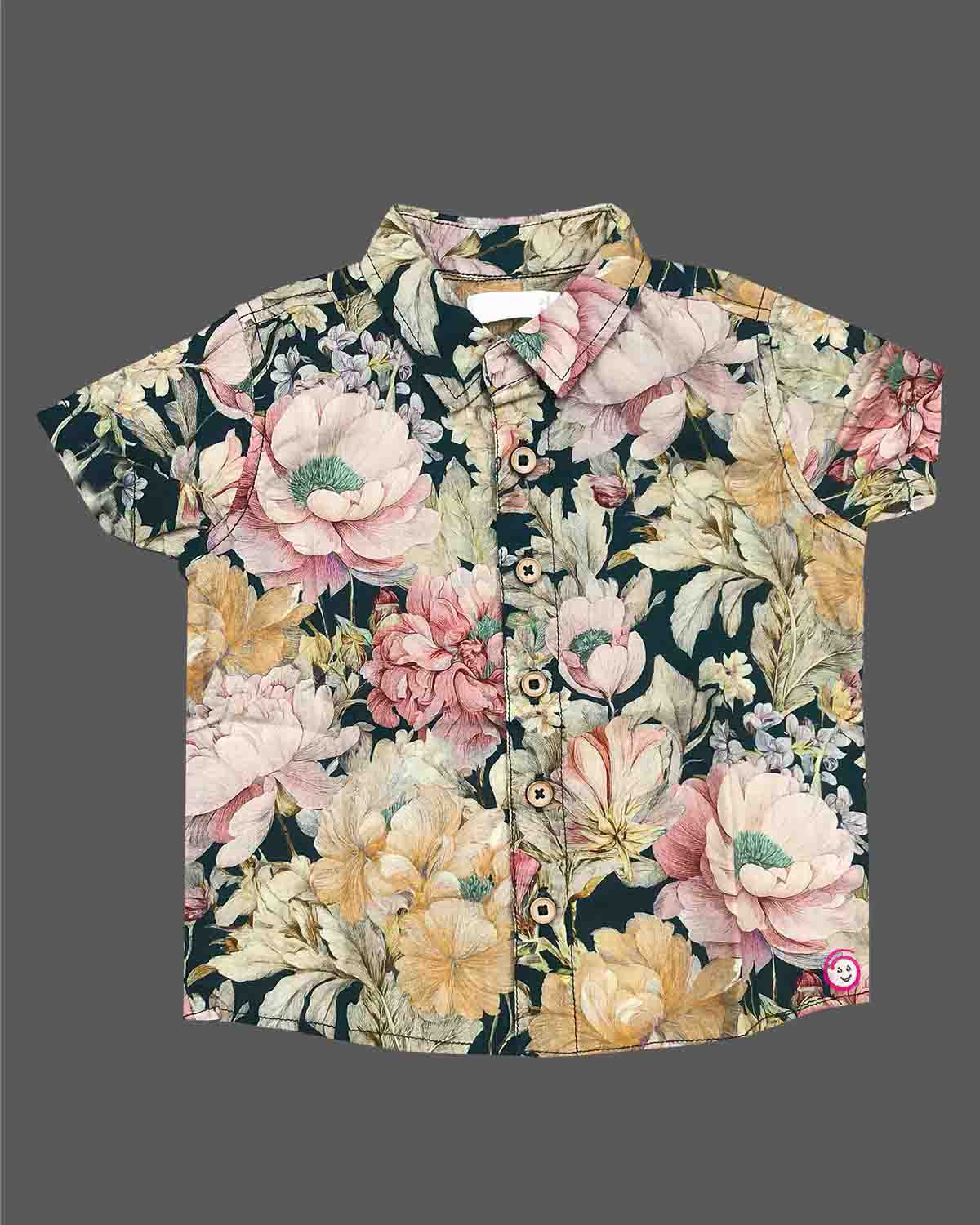 Baby boys floral printed cotton short sleeve shirt with button closures for family gatherings