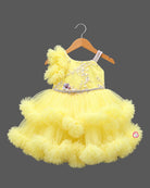 Voluminous baby party wear dress with Party frock  train and floral embellished bodice.