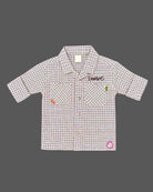 Checkered button down shirt and pant styled as kids western wear with utility flap pockets.