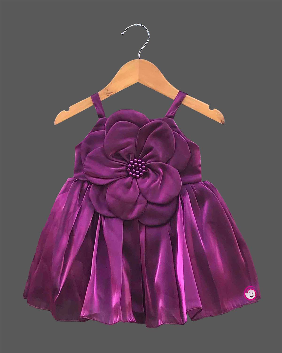 Infant satin floral party frock with matching bow headband and soft booties set