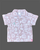 Mauve printed cotton button-down shirt with matching elasticated shorts baby boy top and shorts set for summer vacations, playdates, and park outings
