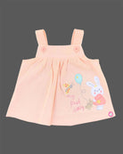 Peach baby girl cotton knit pinafore dress with bunny embroidery and white frill sleeve floating bear balloon print top