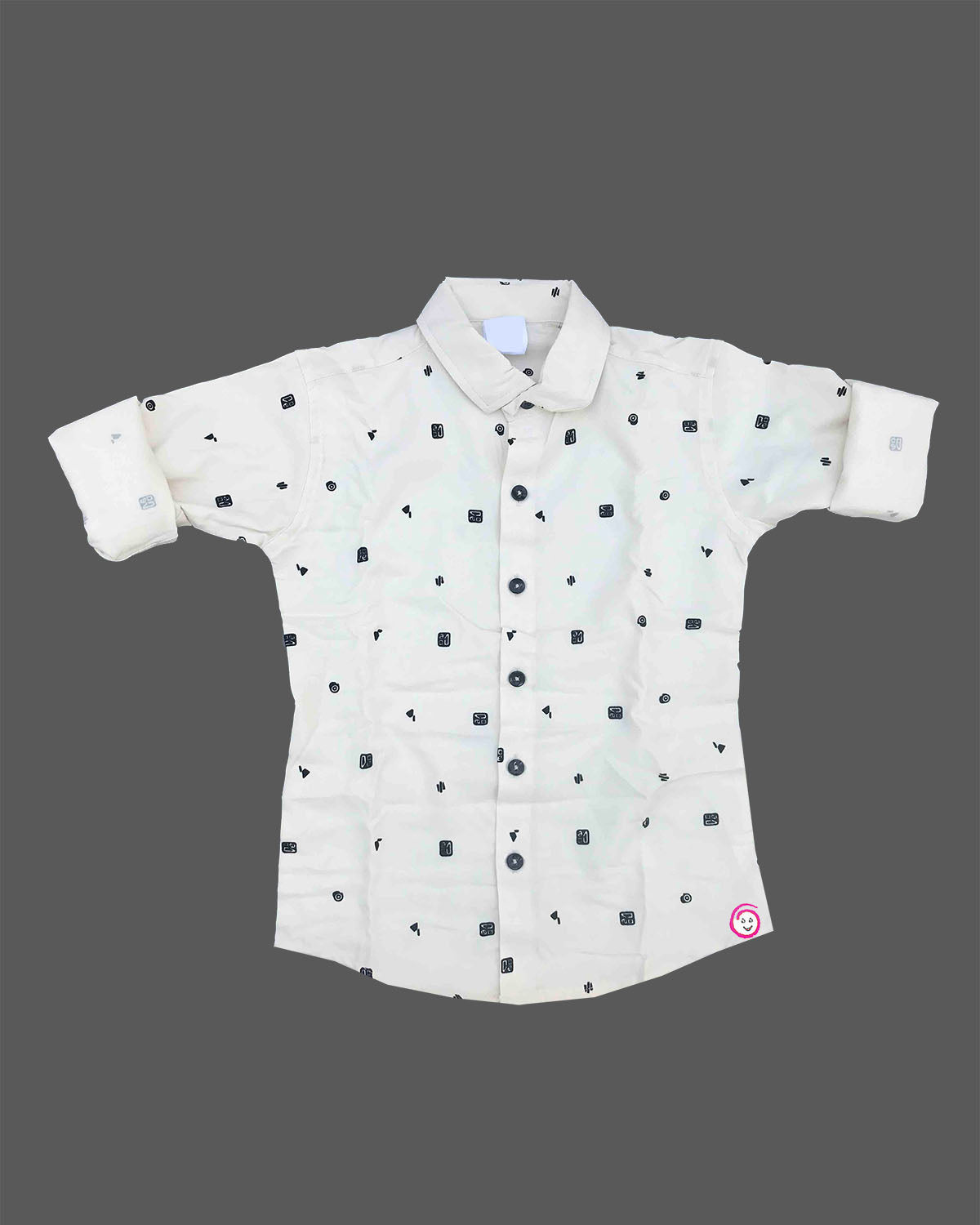 Infant button down shirt featuring geometric micro pattern detailing with folded cuffs