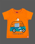 Bright orange graphic t-shirt with ice cream truck print and light wash blue denim elasticated shorts baby boy top and shorts set for summer vacations, playdates, and park outings