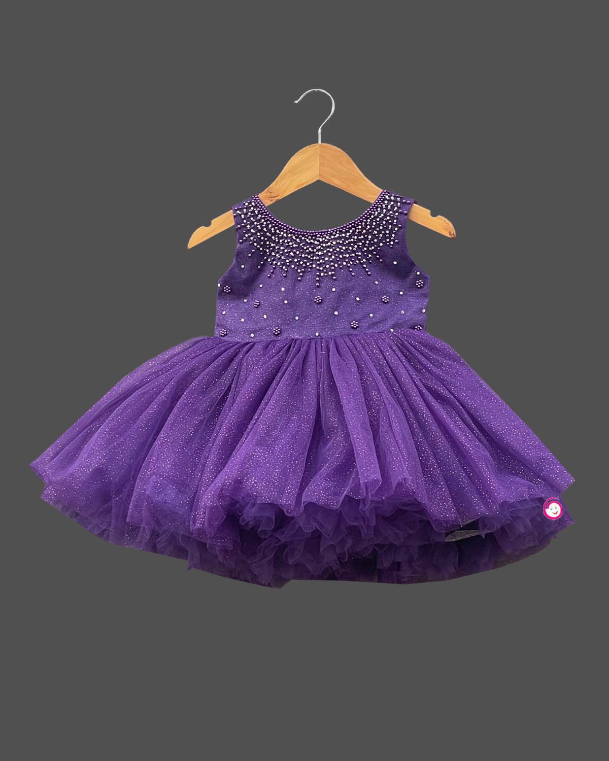 Girls party pearl work elegant ruffled frock - Indigo