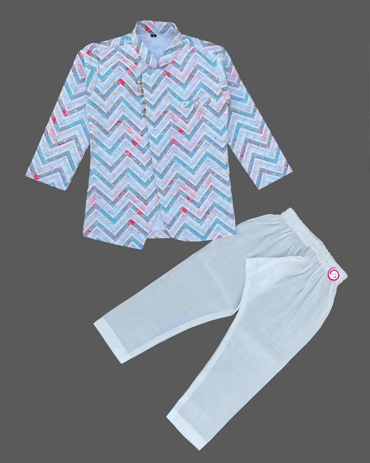 Boys zig zag printed sherwani set - Sky Blue