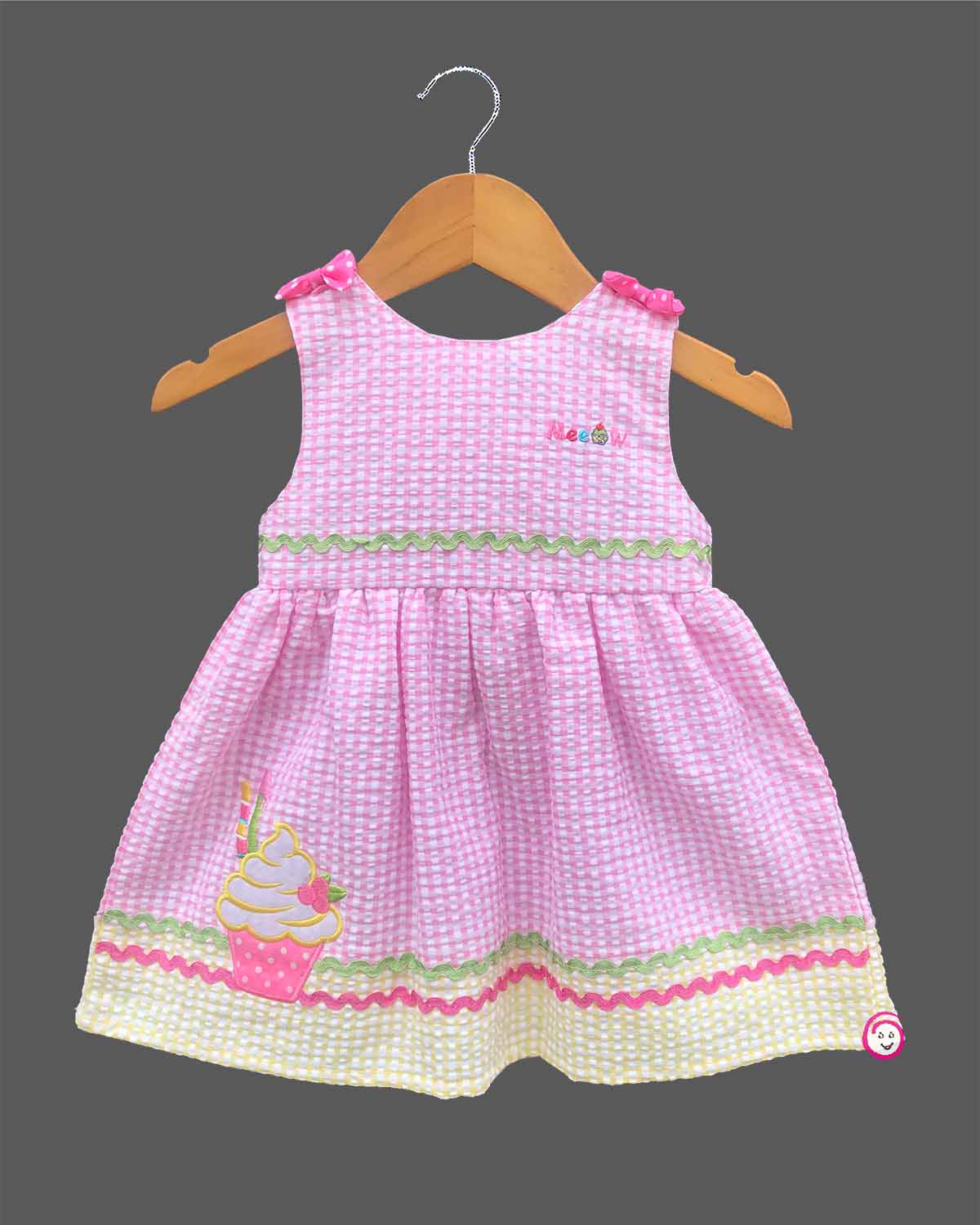Little princess checked cotton casual frock with embroidered dessert motif and gathered skirt for comfortable everyday kids fashion