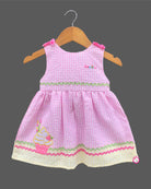 Little princess checked cotton casual frock with embroidered dessert motif and gathered skirt for comfortable everyday kids fashion