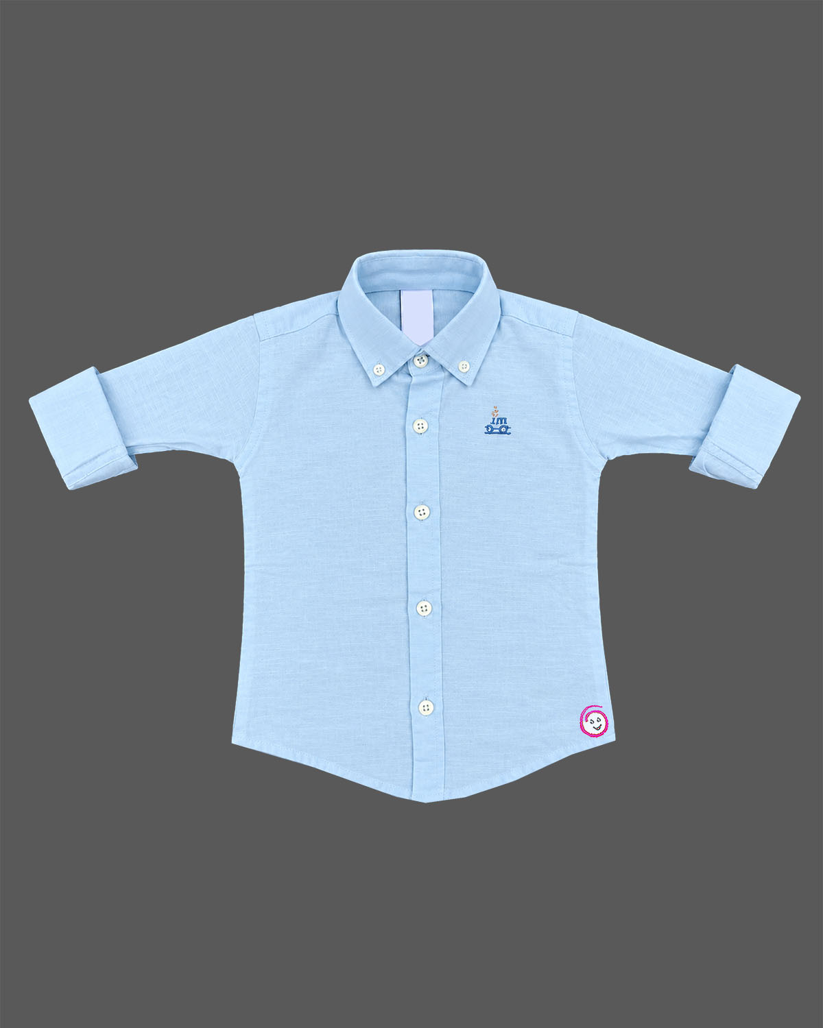 Light blue cotton long-sleeve casual shirt for toddler boys with car embroidery and rolled sleeves.