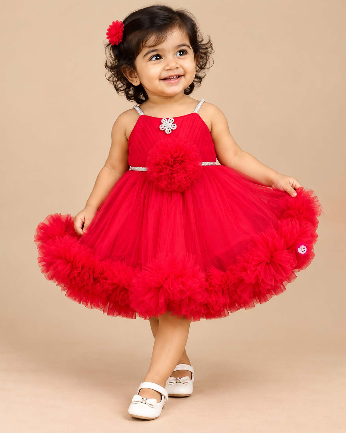 Tulle flared baby party wear dress with floral headband and matching soft booties for infants