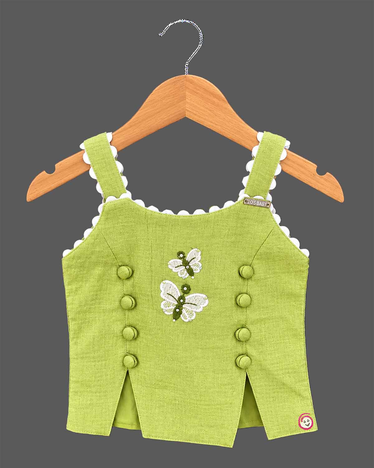Sleeveless embroidered top with butterfly motifs and matching pleated pants with scalloped hems
