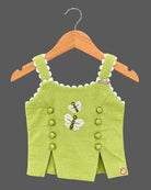 Sleeveless embroidered top with butterfly motifs and matching pleated pants with scalloped hems