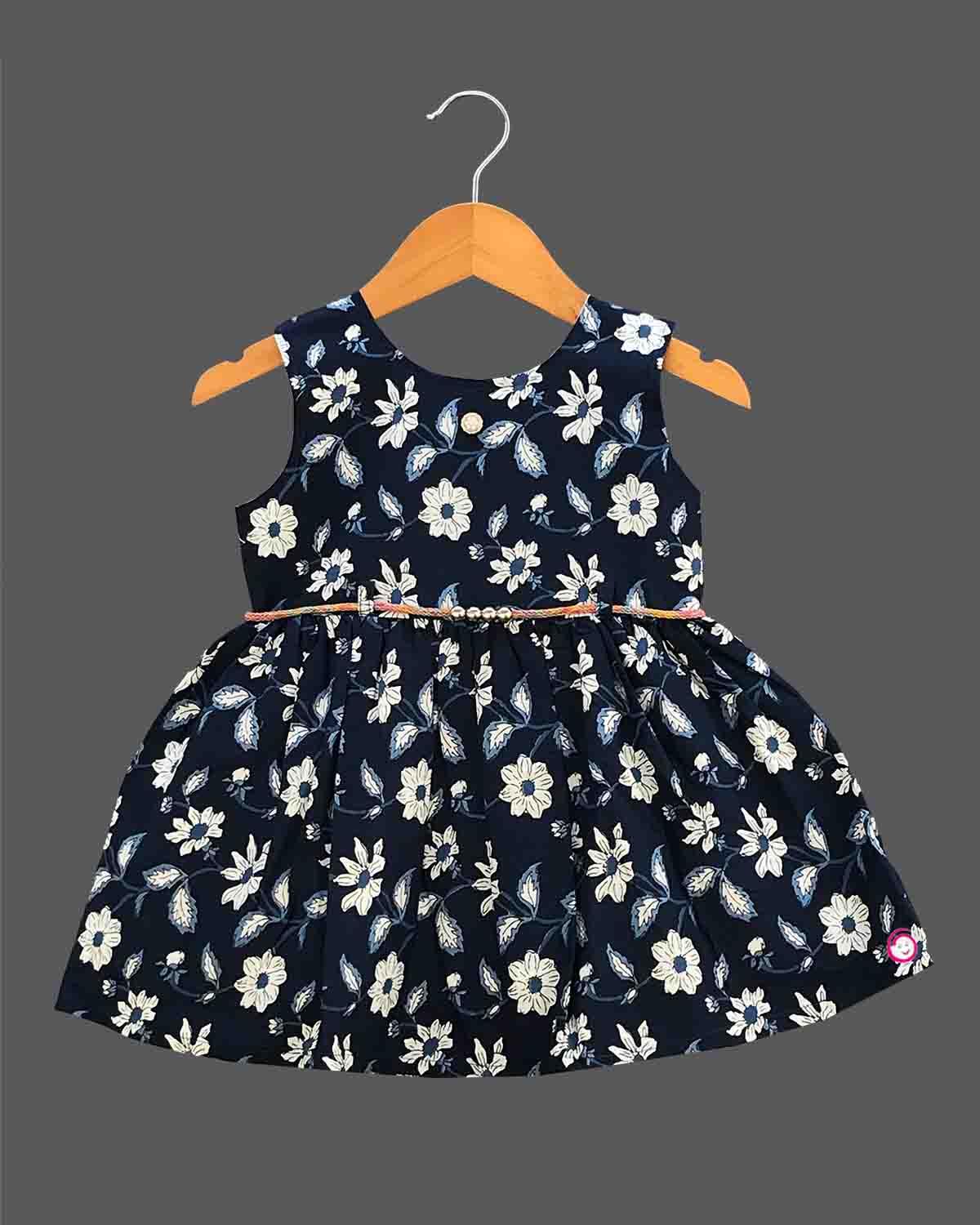 Girls floral printed casual frock - Navy Blue