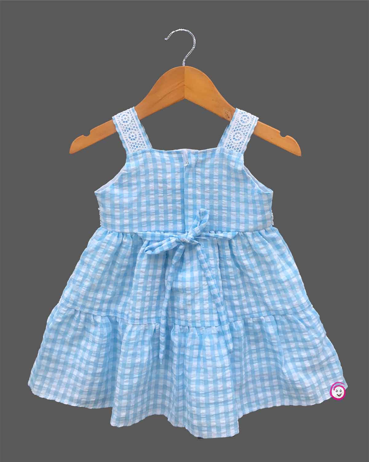 Little princess checked cotton casual frock with lace shoulder straps and tiered design for comfortable everyday wear